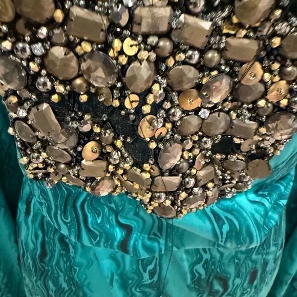 Silk Teal Long Sleeve Dress with Embellishments - Picture 8 of 14